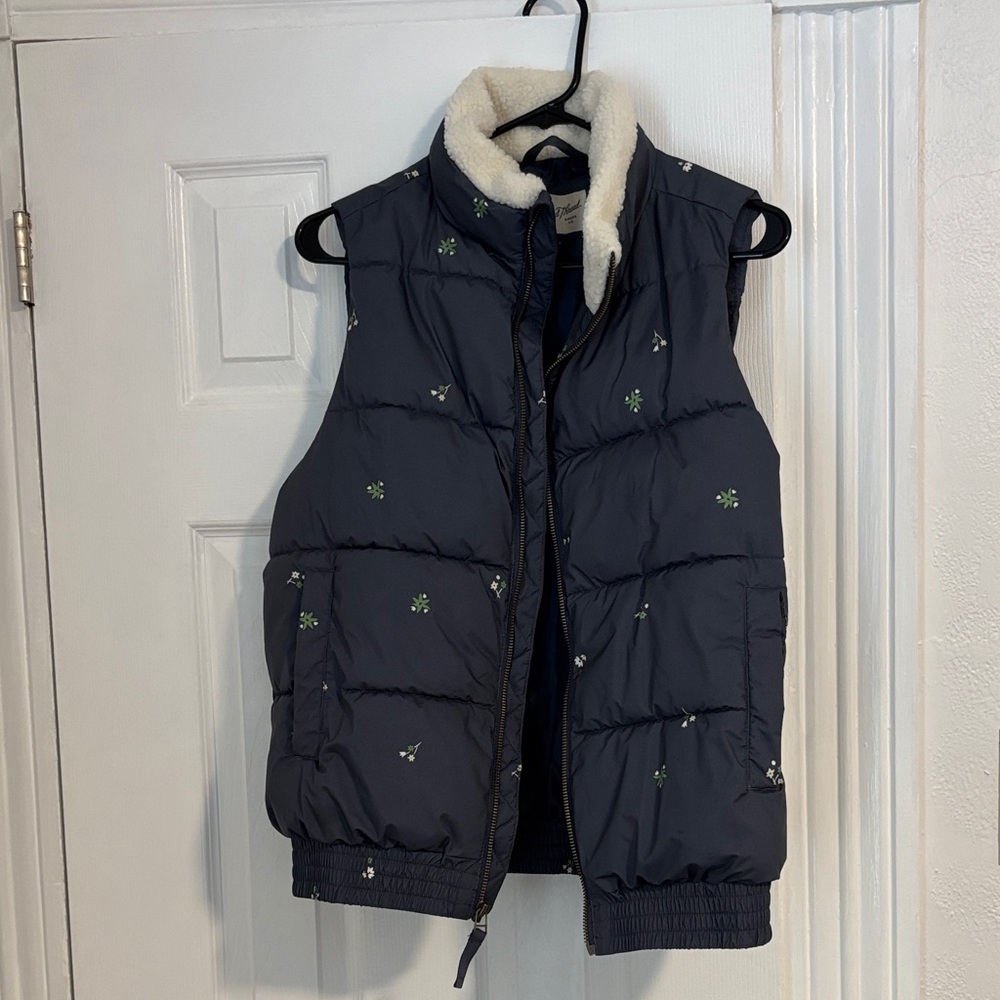Navy Blue Puffer Vest with Floral Accents